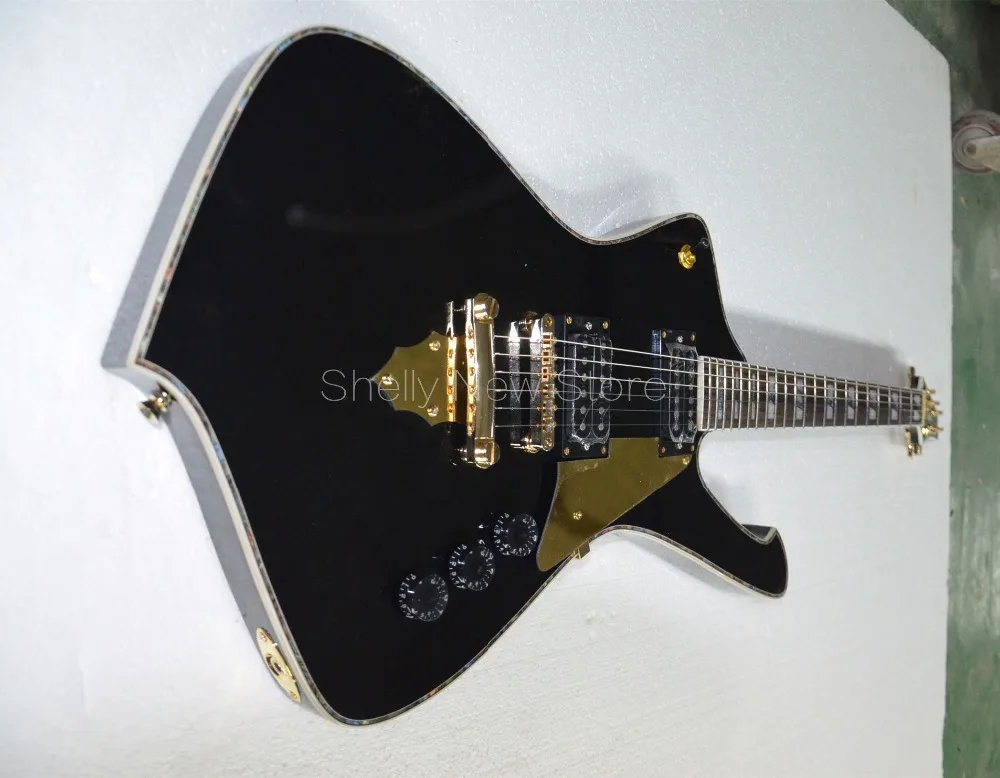 

Shelly new store factory custom black kiss paul stanley abalone PVC binding inlays mirror pickguard gold tuners electric guitar