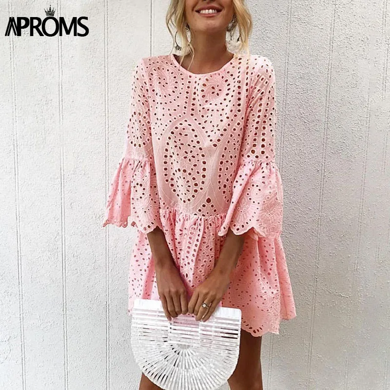 Aproms Elegant White Crochet Lace Dress Women 2018 Summer 3/4 Sleeve Casual Tunic Dress Beach Loose Short Dress Vestidos 2018