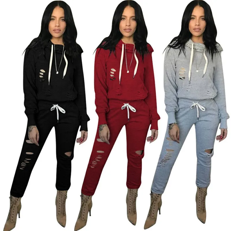 Winter Suit Hooded Tracksuit Women Two Piece Set Long Sleeve Hole Top And Pants Autumn Two Piece
