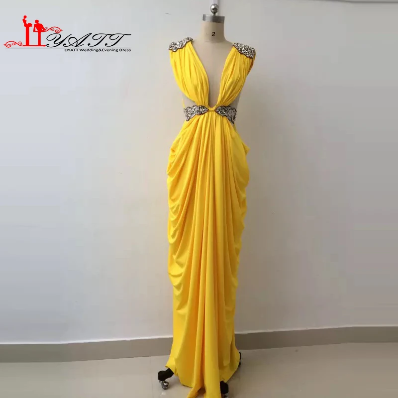 

New Collection 2016 Evening Prom Dresses Sexy V-neck Yellow Gold African Spandex Luxury Beads Sexy High Quality LIYATT