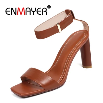 

ENMAYER Genuine Leather Buckle Strap Zandalias De Verano Mujer High Heels Sandals Women Sandalia Feminina Size 34-43 ZYL2704