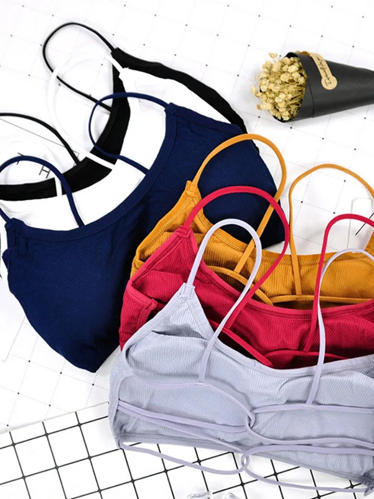 

Women Sexy Strappy Padded Bras Solid Colors Bralette Underwear Elastic Rib Bra Tops Vest Crop Tank Top 2019 New Arrival