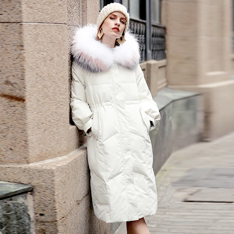 Korean 2018 New Winter Women's Down Jacket Casual Long Pink Thick Warm Hooded with fur Collar White Duck Down Coat Women AO591