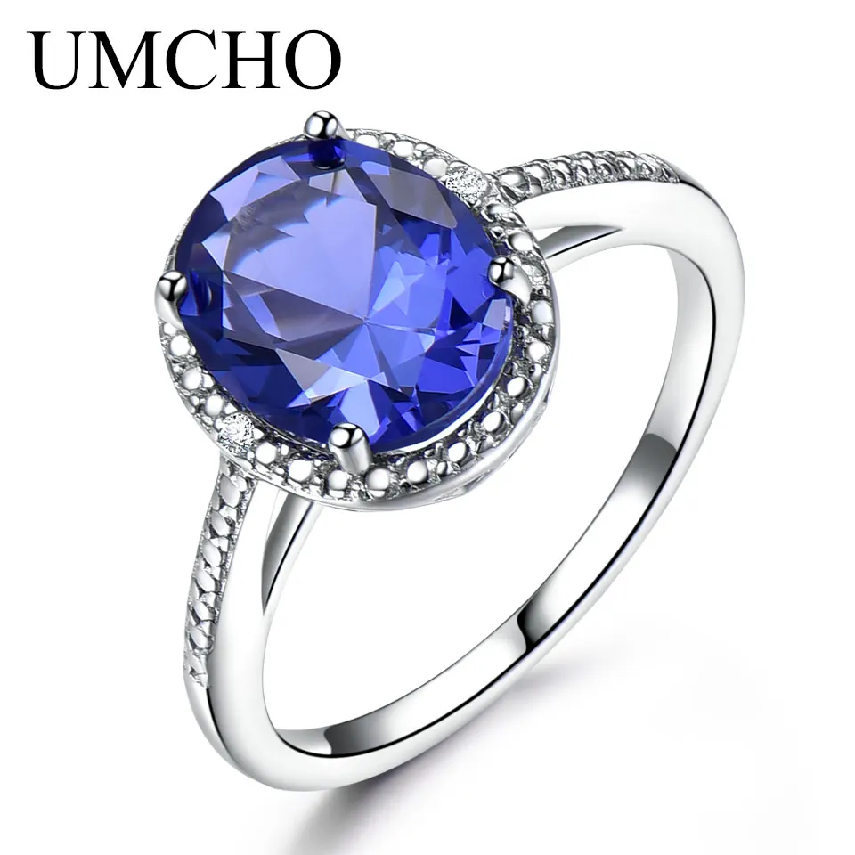 Tanie UMCHO elegancki stworzony tanzanit kamień biżuteria 925 srebro niebieskie pierścionki dla kobiet Forlove prezenty na rocznicę biżuterii