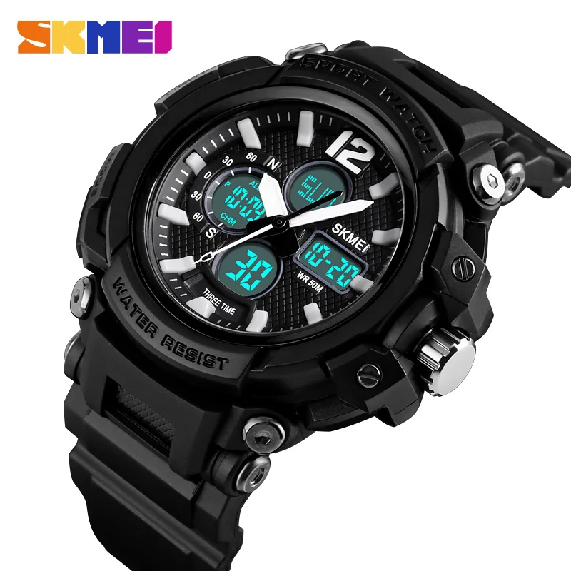 

SKMEI Sport Men Watch Dual Display Digital Watch Luminous 5Bar Waterproof 3Time Multl-Function Watch montre homme 1498 Quartz