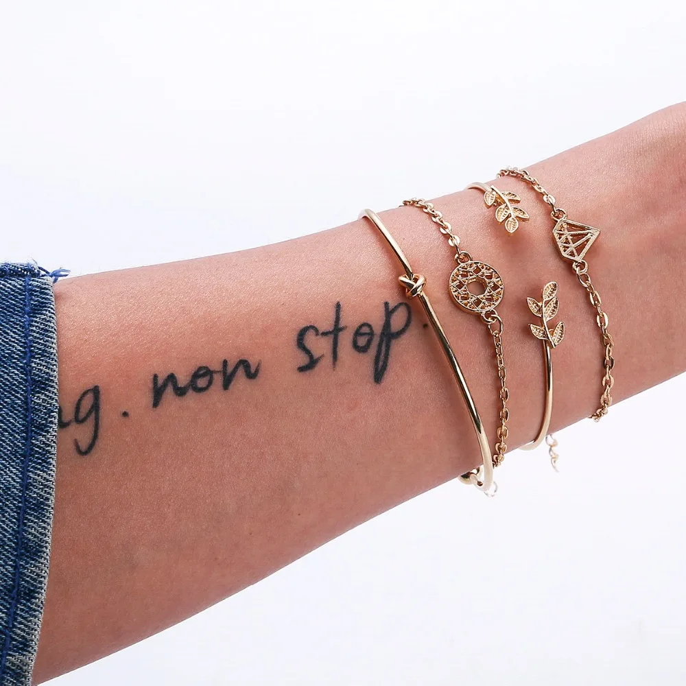 

4pcs/Set Fashion Leaf Knot Hand Cuff Link Chain Charm Bracelet Bangle for Women 2019 New Gold Bracelet Set Jewelry Gift