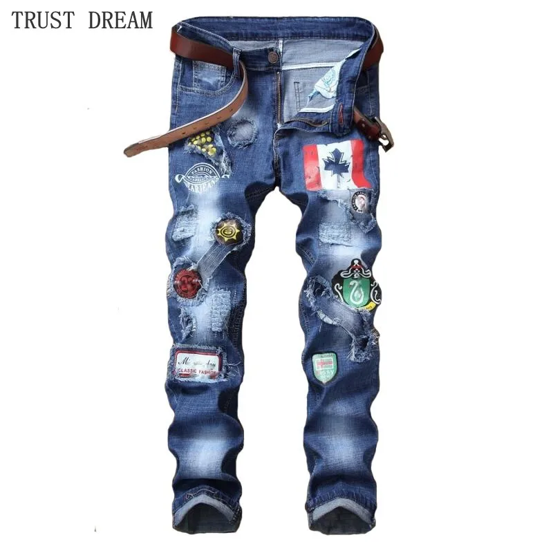 Europeans Style Man Colorfull Print Jeans Slim Badge Destroyed Patchwork Paint denim Trousers Men's Fashion Hip Hop Punk Pants