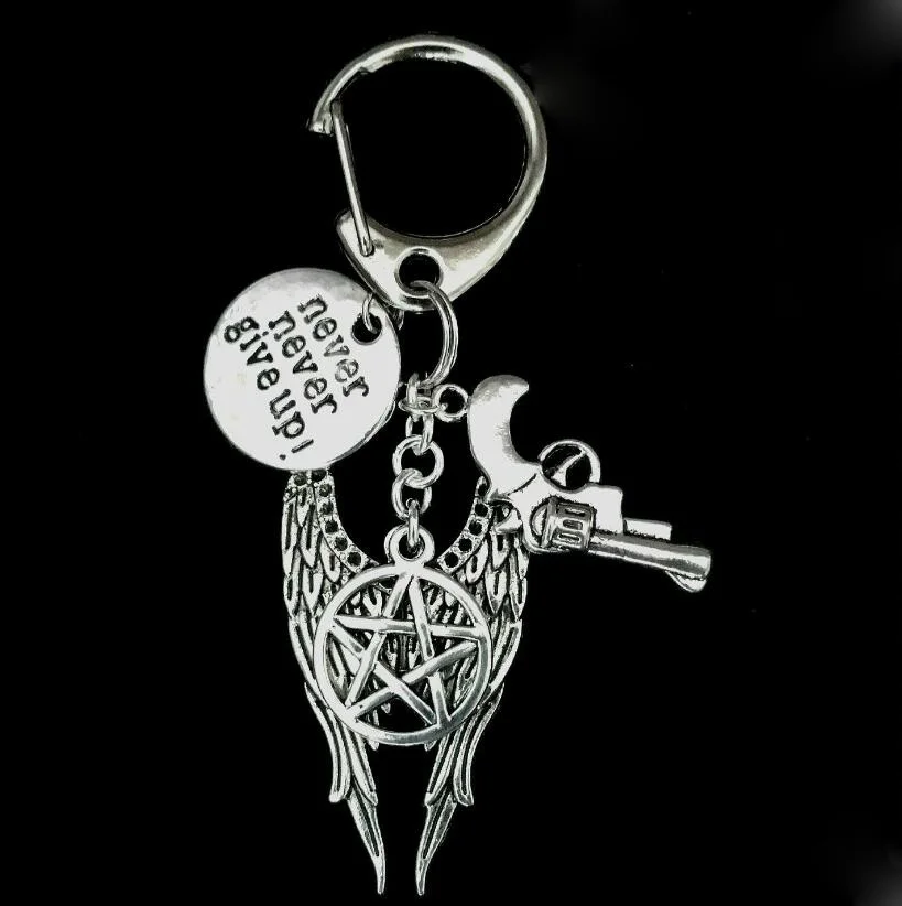 

Gothic Supernatural Pentagram Keychain Never Never Give Up Key Chains For Keys witchcraft Angel Wings Pistol Key Ring Handbag