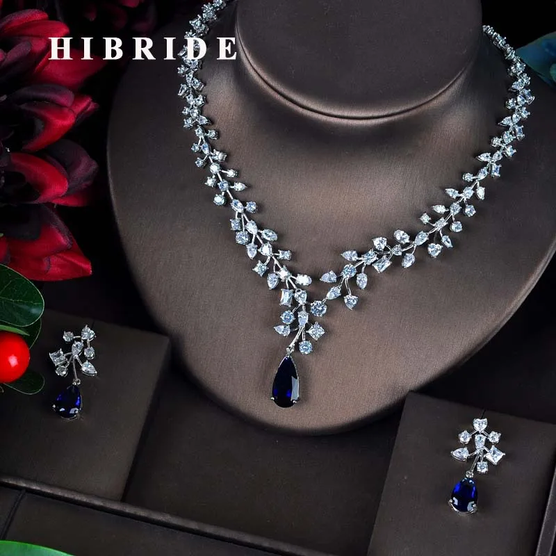 

HIBRIDE Charm Blue Water Drop Dubai Jewelry Sets White Gold Color Wedding Necklace Earrings Sets Bijoux bijoux mariage N-593