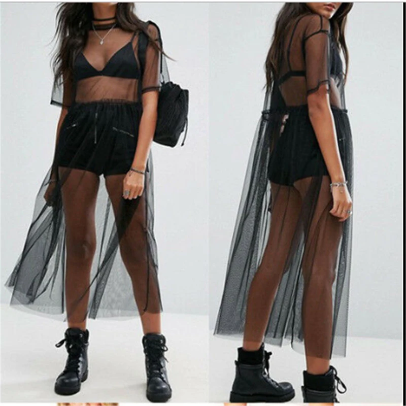 bathing suit wrap cover up 2019 Newest Hot Women Cover-Up See Through Gauze Mesh Sheer Short Sleeve Solid Tulle Lace Loose Bathing Swimming Wear Fashion long beach dresses