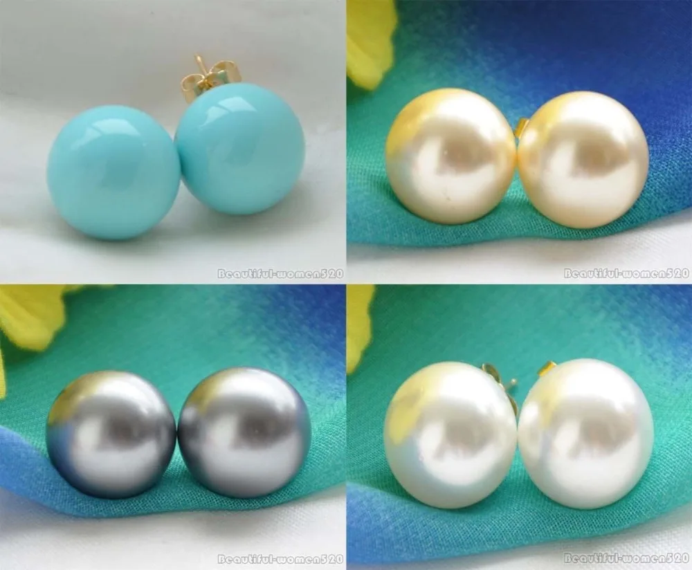 

X0074 14mm round south sea shell pearl stud earrings