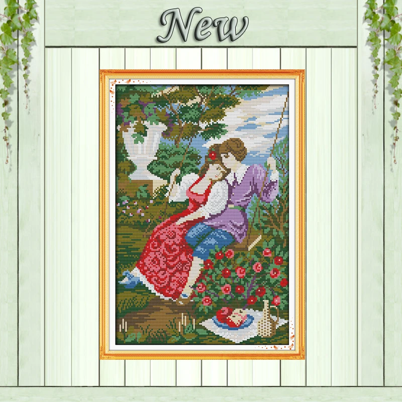 

The lovers on a swing in garden Painting counted print on canvas DIY 14CT 11CT DMC Cross Stitch kits Needlework Sets Embroidery