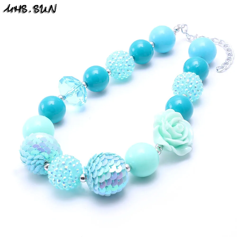 

MHS.SUN Rose Flower Pendant Kid Chunky Necklace Teal Blue Color Toddlers Girls Bubblegum Bead Chunky Necklace Children Jewelry
