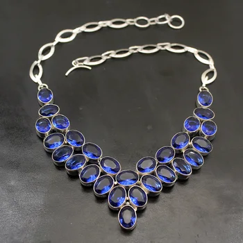 

Hermosa Huge Prom Jewelry Ocean BlueTopaz Silver Color Multi Gems Chain Charms Necklace 17 Inch A56