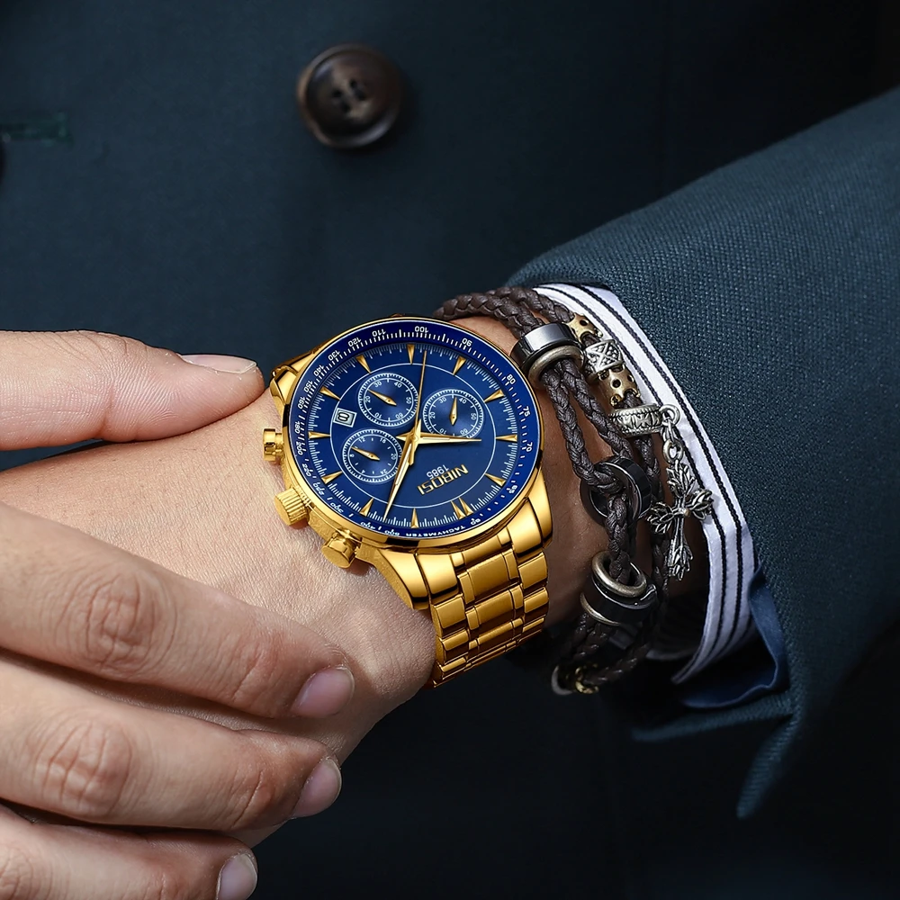 NIBOSI Watch Men Waterproof 30M Gold Blue Watches Business Fashion Sport Quartz Herren Uhren Date Male Clock Relogio Masculino