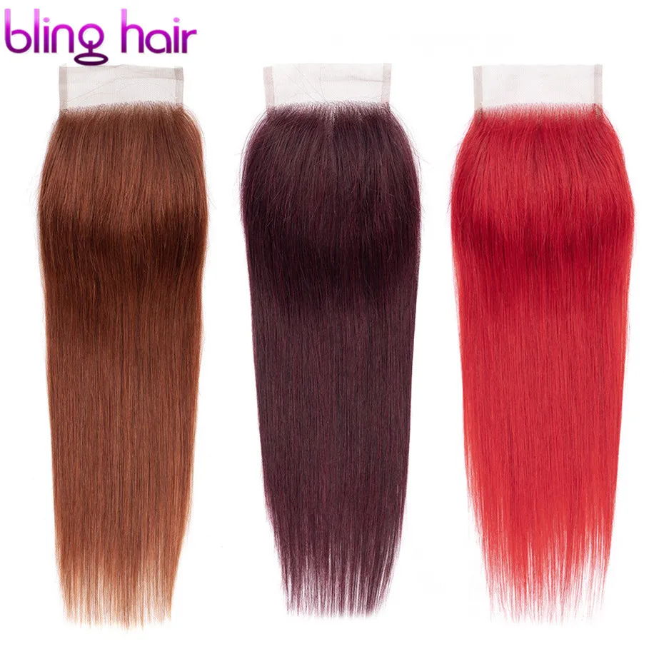 

bling hair 4*4 Lace Closure Brazilian Straight Human Hair Middle/free/three Part Pre-colored #27 #33 #99J #350 #red Non Remy