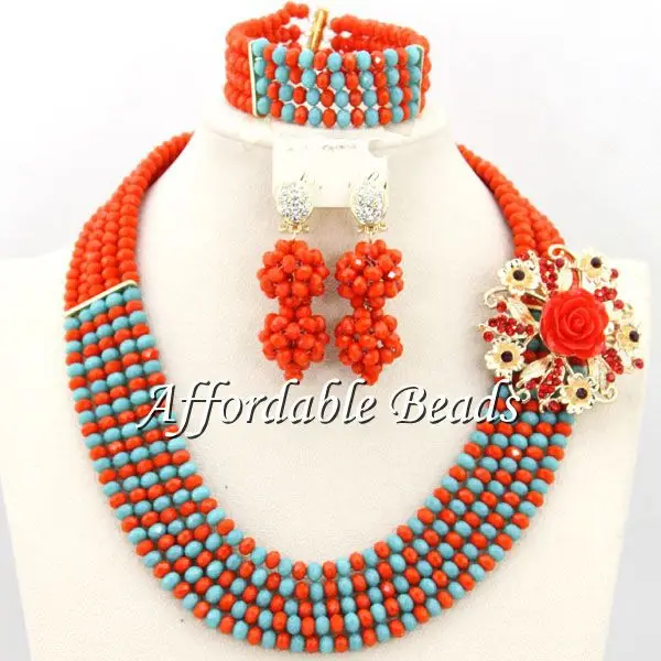 

Amazing Orange Red African Beads Jewelry Set Terrific Sky Blue Nigeria Statement Wedding/Party Jewelry Bead Set Wholesale ABS100