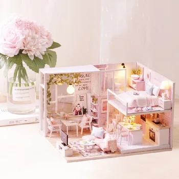 

Christmas DIY Gift Furniture Assembling Toy Villa Doll House Miniature LED Light Apartment Wooden Kit Battery Powered Children
