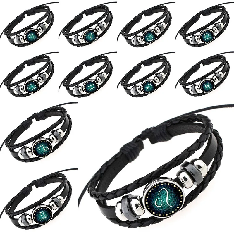 

2017 Snap Button Bracelet Vintage Braided Leather Snap Charms Zodiac Bracelet for Women Men 12 Constellation Bracelets Jewelry