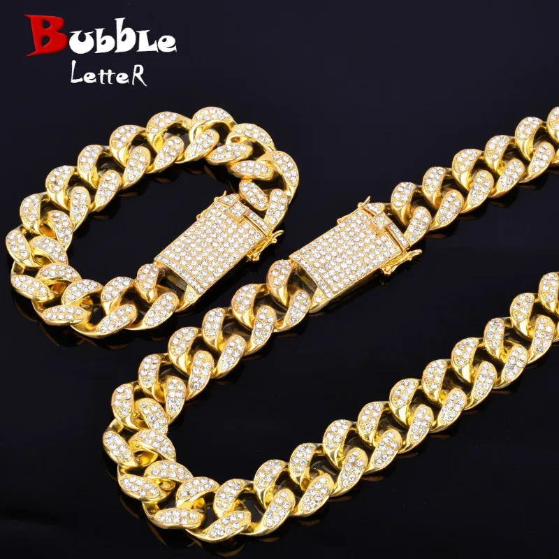 

Alloy Crystal Heavy Miami Cuban Chain with Bracelet & Necklace Set Gold Silver 20mm Big Choker Men's Hip hop Jewelry 16" 18"