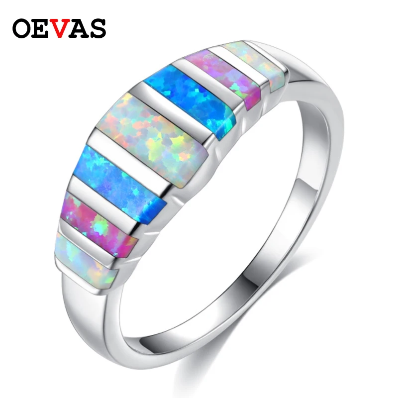 

Rainbow Big Fire Opal Stone Rings Silver color Blue White Pink Colorful Engagement Finger Ring Summer Jewelry Women Accessories