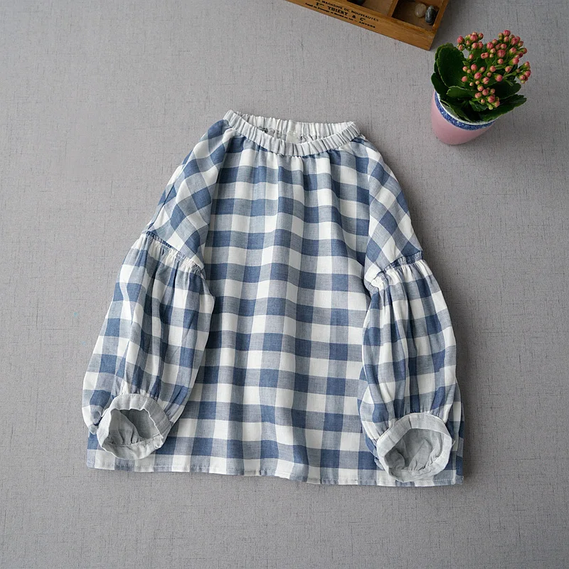 

Spring Autumn Women Casual Ultra Loose Plus Size Japanese Style Comfortable Basic All-match Plaid Cotton Shirts/Blouses