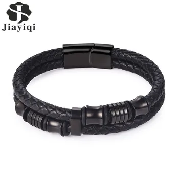 

Jiayiqi Black Rope Chain Leather Bracelet for Men Jewelry Stainless steel Magnetic Clasp Fashion Vintage Male Bangle 18/20/22cm