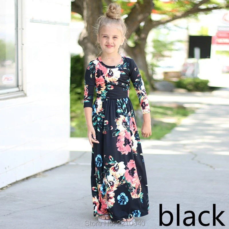 Super autumn girl floral maxi dress kid clothes long sleeve flower print XR-12