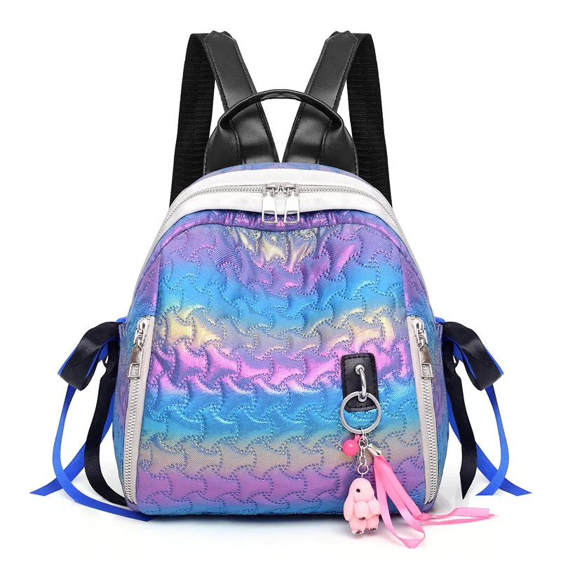 Красочный клетчатый женский рюкзак, модный бант, дорожные сумки, милый кулон, кисточка, школьная сумка, голограмма, лазерная сумка, Bolsas, новинка, XA618WB - Цвет: Blue