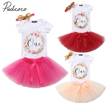 Новые брендовые комплекты принцессы для новорожденных девочек 1 год на день рождения комплект из 3 предметов: белый комбинезон с надписью+ Кружевная юбка-пачка+ повязка на голову