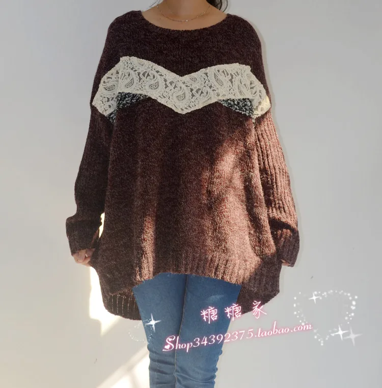 All-match new arrival loose plus size lace patchwork low-high irregular medium-long batwing sleeve sweater All-match new arrival loose plus size lace patchwork low-high irregular medium-long batwing sleeve sweater