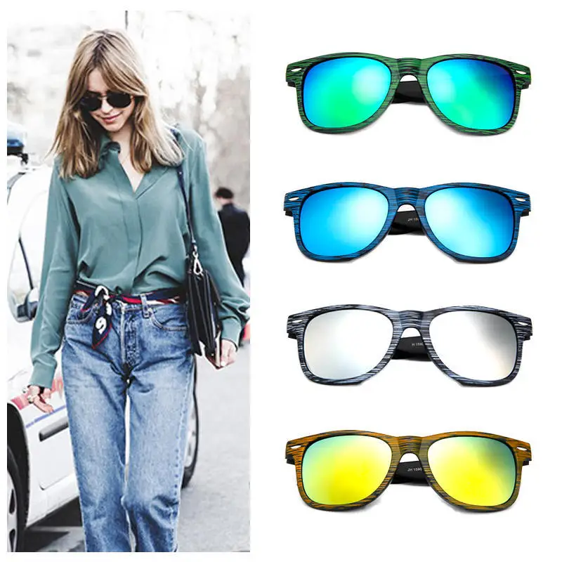 

2018 New Fashion Wood grain Sunglasses Women Colorful lens Anti-radiation outdoor Eyewear Men Reflective Sun Glasses UV400