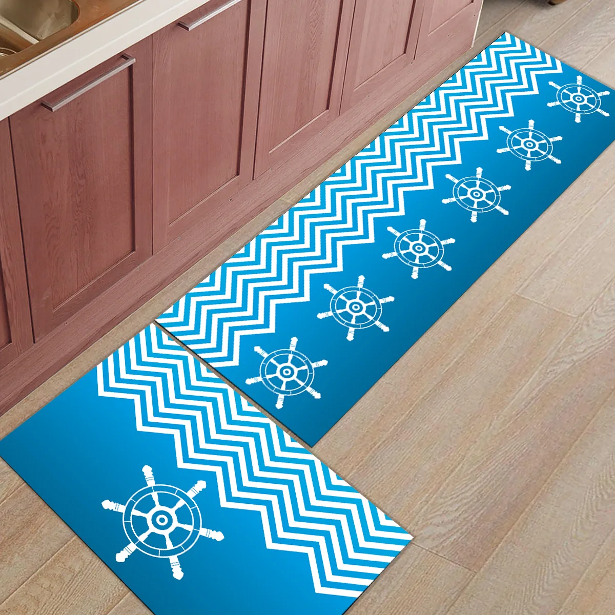 

2 Piece Kitchen Mats and Rugs Set Modern Wave and Rudder Pattern Home Deocr Non Skid Area Runner Doormats Carpet