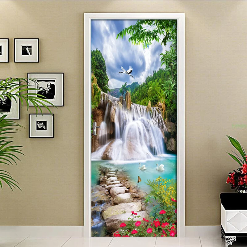 3D красивый горный водопад наклейка на дверь для гостиной спальни самоклеющиеся водонепроницаемые Настенные обои для стен 3 D наклейка