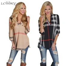 2017 Autumn Women Simple Printed Plaid Blouses 3/4 Sleeve V-Neck Female Tops Causal Clothing Plus Size Fashion Shirts Blusas 5XL
