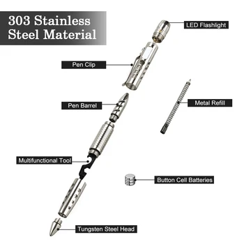 

Rvs LED Flashing Silver Tactical Pen Self Defense Weapon Military Police Grade Survival Muti purpose Tools opener Gift Box Kit