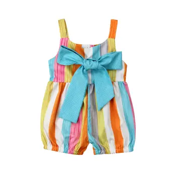 

Sleeveless Cami Straps Rainbow Stripe Jumpsuit Romper with Big Bow For Baby Girl