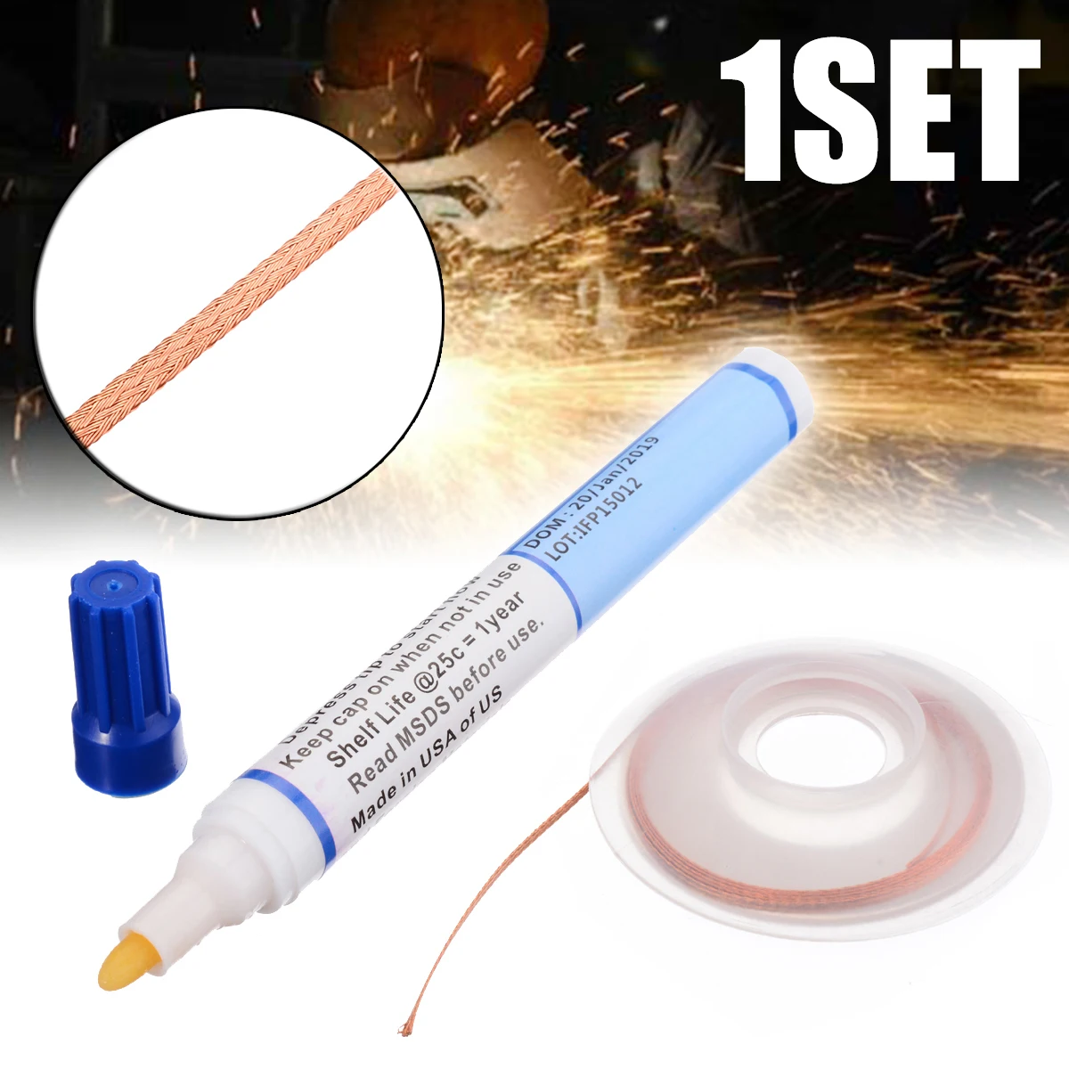 1pc 951 10ML Flux Pen Solder Remover No Residue Rosin Flux + 2mm Desoldering Braid Wick for Reworking SMT SMD Through Hole