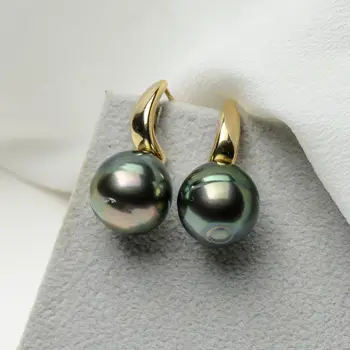 

13.3*12.7mm Peacock Green Genuine Tahitian Pearl Drop Earrings 14k Yellow Gold
