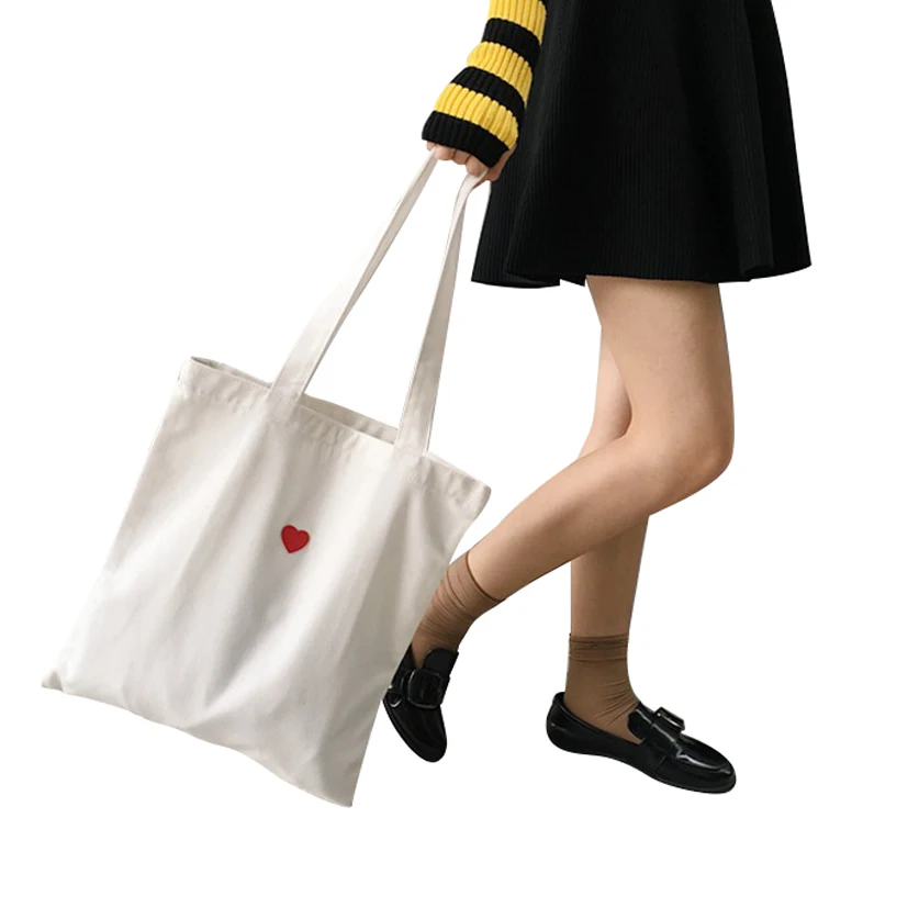 

LJL-Women Cotton Canvas Eco Shopping Tote Shoulder Bag Embroidered Red Heart