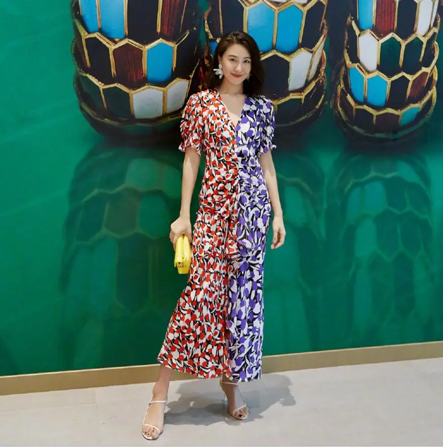 

2019 Summer New Women Maxi Dress V-neck Silk stitching Print mermaid dress ladies sexy long dress for vacation