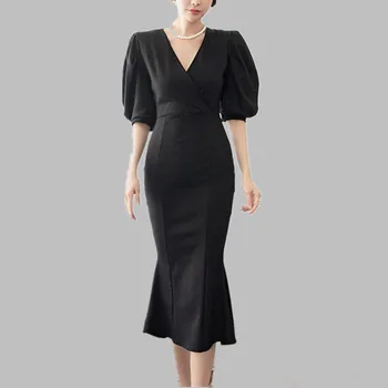 

HAMALIEL New Summer Puff Sleeve Long Fishtail Dress Elegant Women Bodycon V Neck Party Dress High Quality Office Ladies Dress