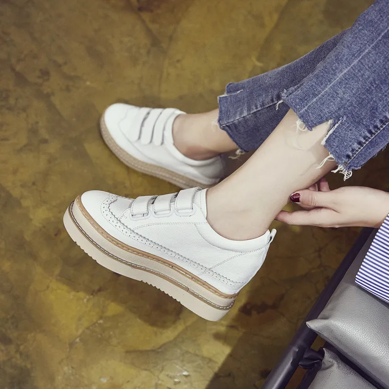 Genuine Leather Sneakers Platform 8 Cm High Heel Hook Loop Woman Brogue Shoes SWYIVY Female Comfortale Casual Shoes Sneakers