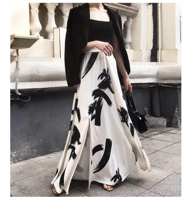 Korean Style Elegant 2022 Summer New Sexy Women Long Maxi Skirt Party  Vestidos Printed High Waist Split A-line Skirts Fem