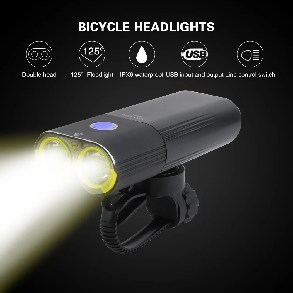 

BORUiT 1600LM Bicycle Light USB Rechargeable Built-In 2500mAh Power Bank 6-Mode Cycling Front Light 2*XML U2 LED Bike Flashlight