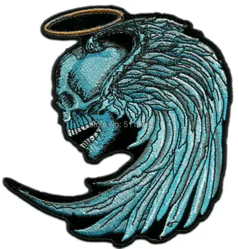 

5" Large WINGED BLUE ANGEL SKULL & HALO Chopper Outlaw Motorcycle MC Jumbo Biker Vest Patch IRON ON Badge emblem Jacket