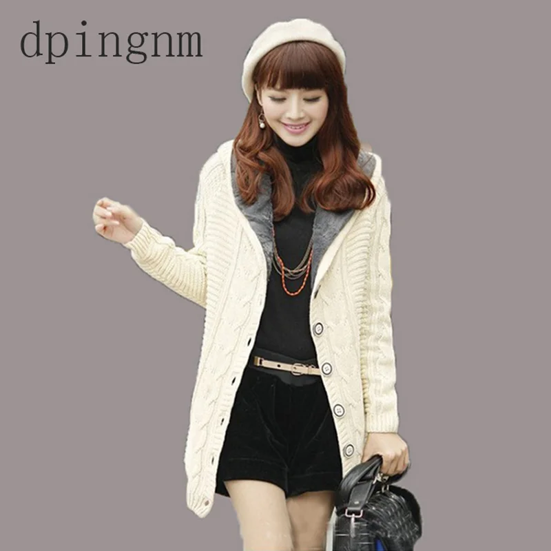 2019 Winter Sweaters Women Fleece Coat Long Sleeve Hooded Thickening Warm Knitted Cardigans Outerwear Fashion Female Knitwear