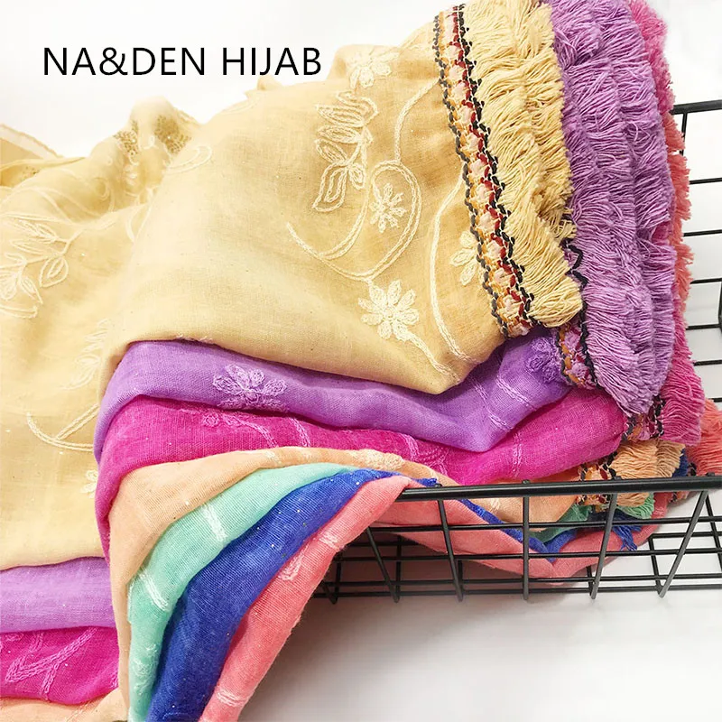 

New design fashion solid embroider glitter hot diamond tassels viscose women scarf hijab turban Muslim bandana wraps 10pcs/lot