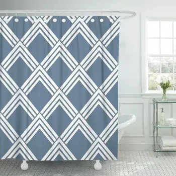 

Shower Curtain with Hooks Geometric Light Blue Vintage Pointing Squares Pattern Abstract Beautiful Graphic Line Bathroom