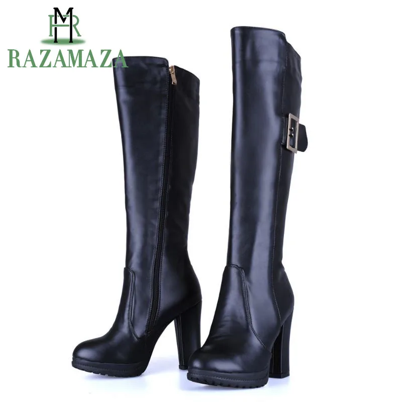 

RAZAMAZA Size 33-43 Fashion Women Knee Boots Thick High Heel Knight Boot Sexy Knee High Boots Winter Shoe Zipper Botas Femininas